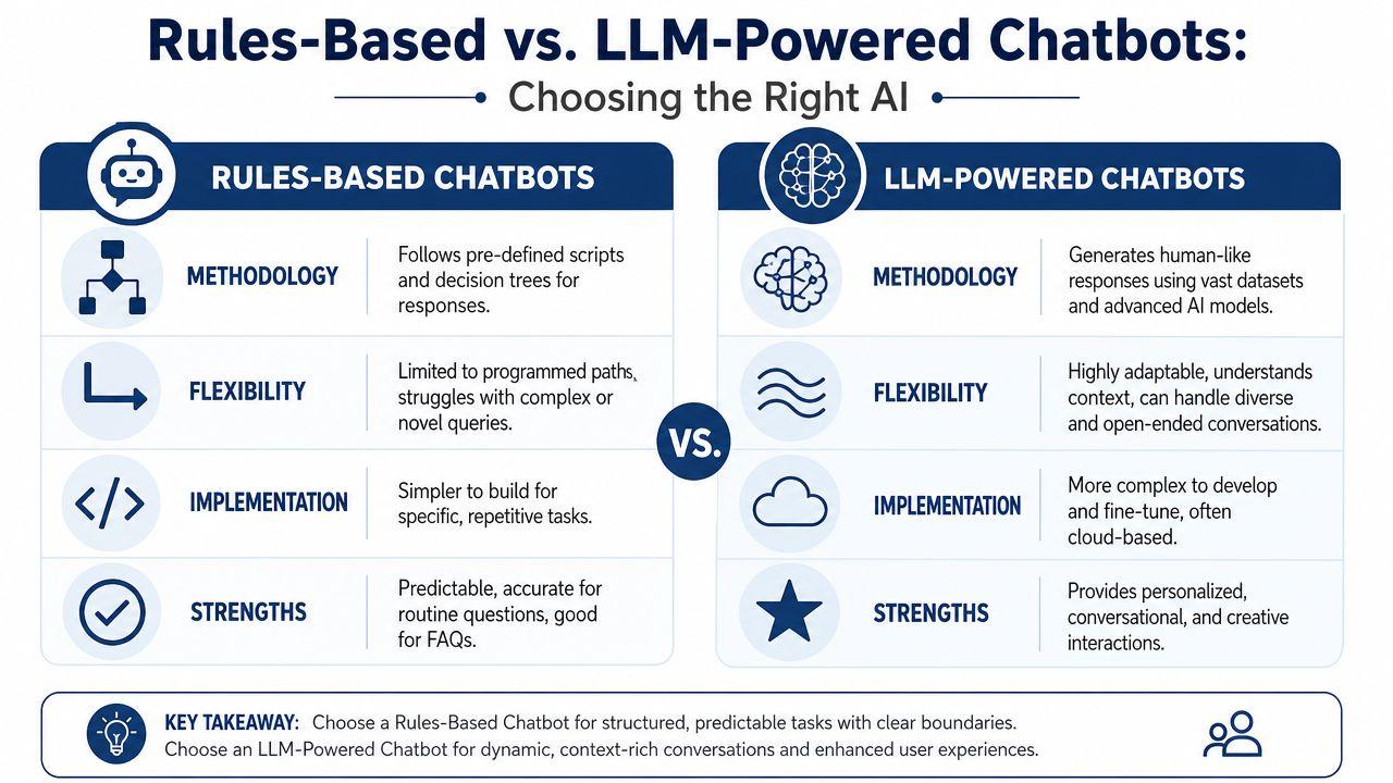 A comparison chart outlining the differences between rules-based and LLM-powered chatbots for business and technology applications.
