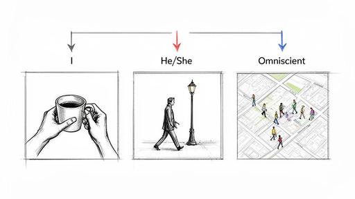 Illustrations demonstrate first-person, third-person limited, and omniscient narrative perspectives with distinct visuals.