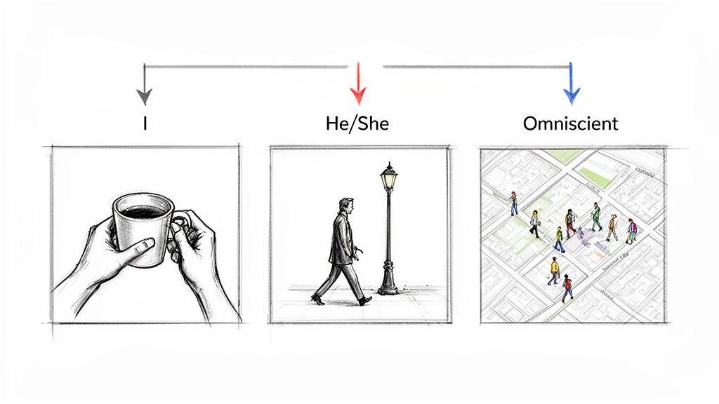 Illustrations demonstrate first-person, third-person limited, and omniscient narrative perspectives with distinct visuals.