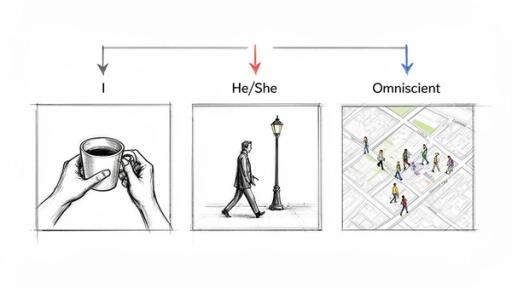 Illustrations demonstrate first-person, third-person limited, and omniscient narrative perspectives with distinct visuals.