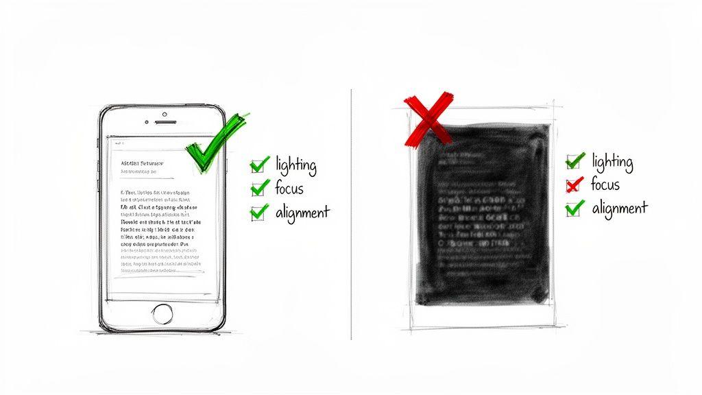 Examples of good and bad image capture quality for converting an image into text.