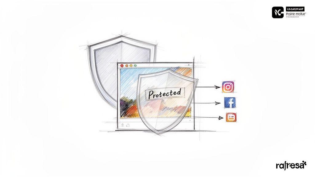 Hand-drawn sketch showing a protected digital window with content, pointing to social media icons.