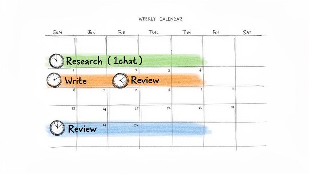 A handwritten weekly calendar illustrating scheduled tasks like research, writing, and review across multiple days.
