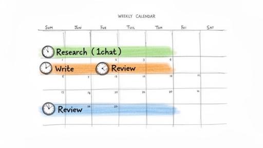 A handwritten weekly calendar illustrating scheduled tasks like research, writing, and review across multiple days.