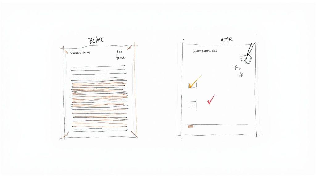 An illustration comparing a dense, cluttered document ('Before') with a clear, organized document ('After') featuring visual cues.