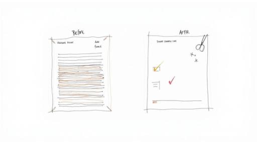 An illustration comparing a dense, cluttered document ('Before') with a clear, organized document ('After') featuring visual cues.