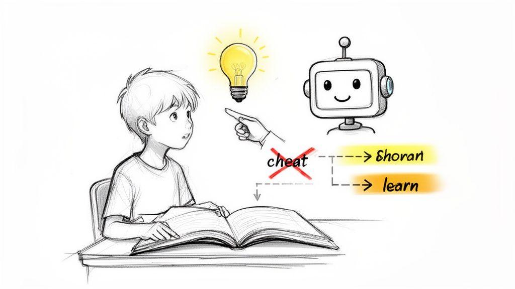 A cartoon drawing of a boy studying, with a robot discouraging cheating and encouraging learning.