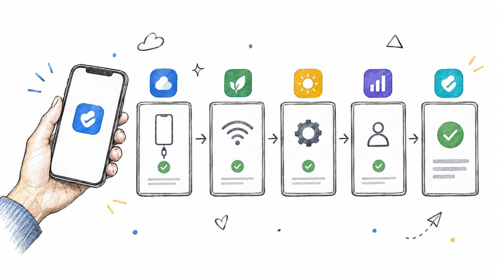 A hand holding a smartphone showing a step-by-step setup process with icons for verification.