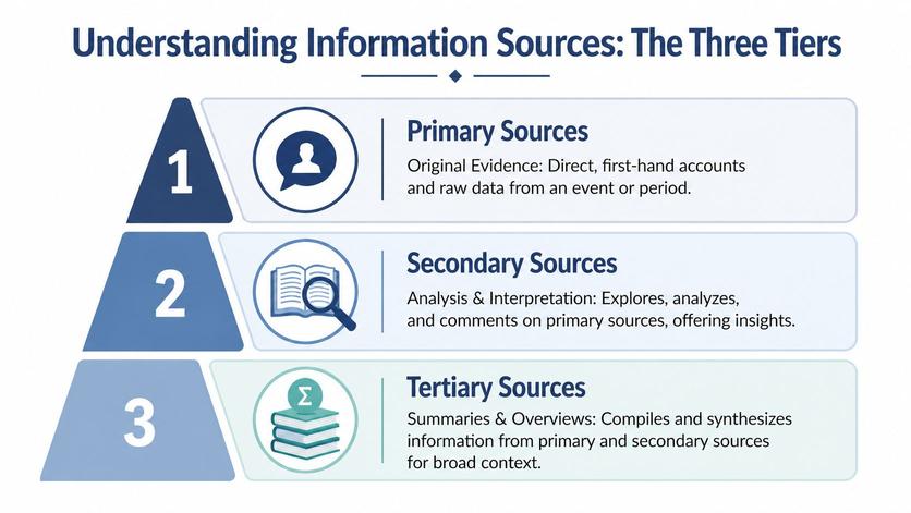 A pyramid chart illustrating the three tiers of information sources, ranking primary, secondary, and tertiary sources.