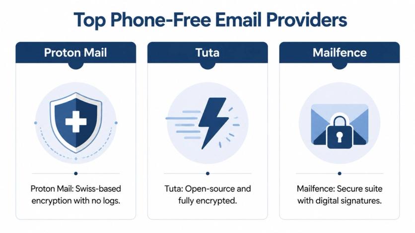 A graphic highlighting top email providers that allow users to register without a phone number.