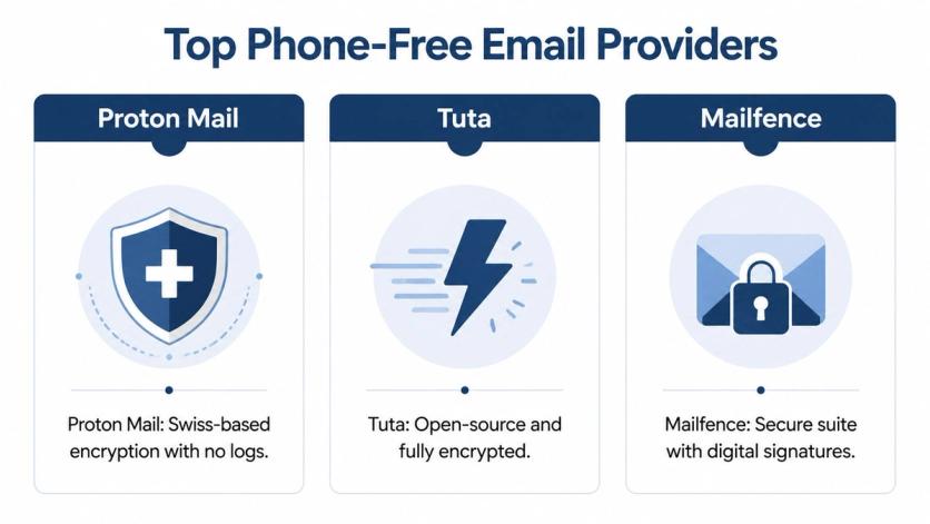 A graphic highlighting top email providers that allow users to register without a phone number.