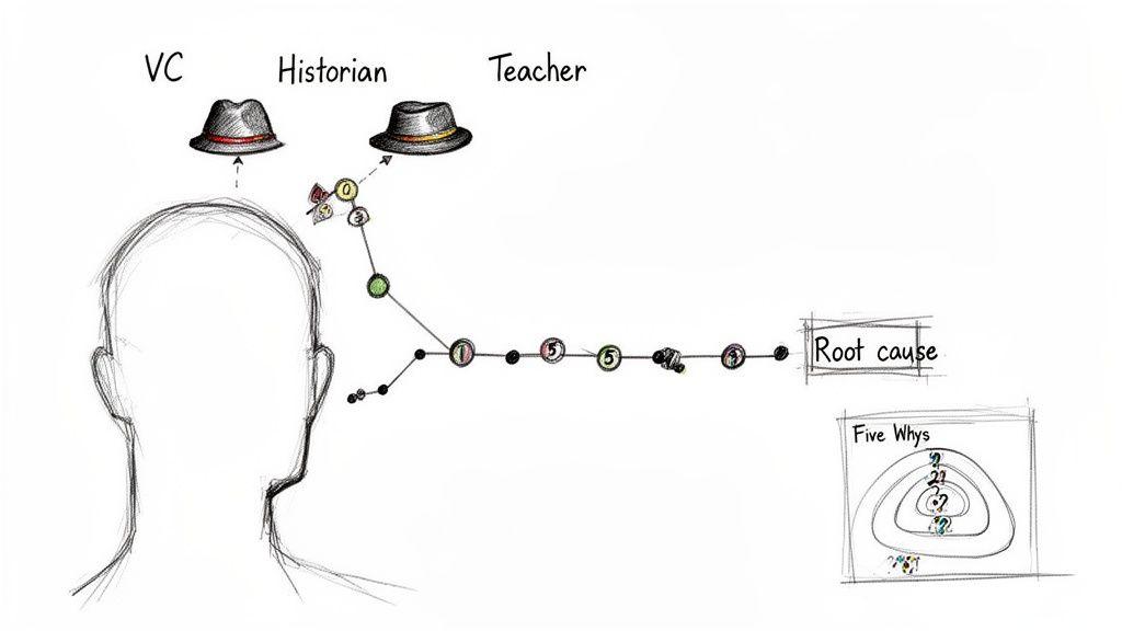 Diagram illustrating different perspectives and a branching path leading to 'Root cause' identified using 'Five Whys'.