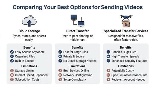 A comparison chart outlining the pros and cons of using cloud storage, direct transfer, and specialized services for sending videos.