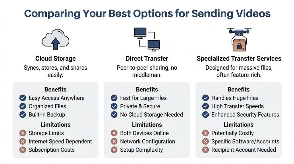 A comparison chart outlining the pros and cons of using cloud storage, direct transfer, and specialized services for sending videos.