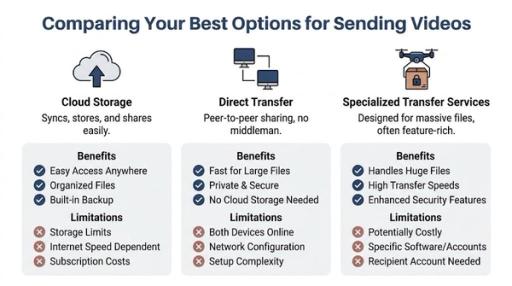A comparison chart outlining the pros and cons of using cloud storage, direct transfer, and specialized services for sending videos.