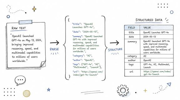 A diagram illustrating how raw text is parsed into structured data format for information processing.