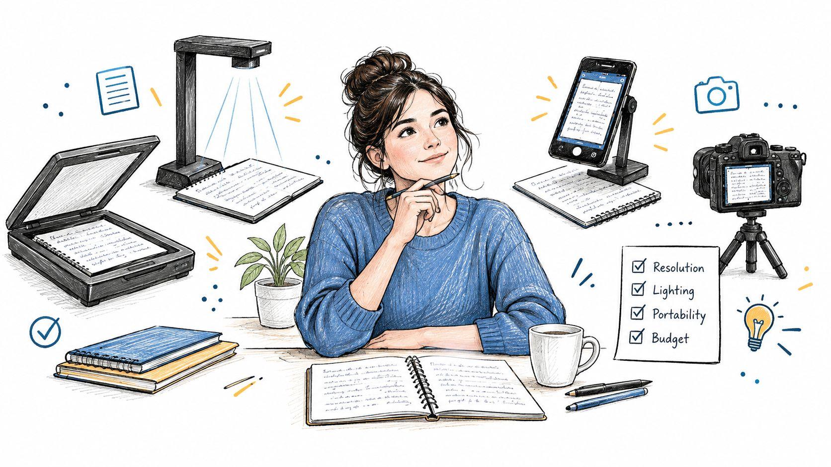 A woman considering various tools like scanners and cameras to digitize handwritten documents into text formats.