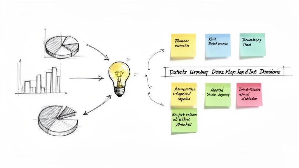 Diagram showing data charts leading to a glowing lightbulb and sticky notes for business decisions.
