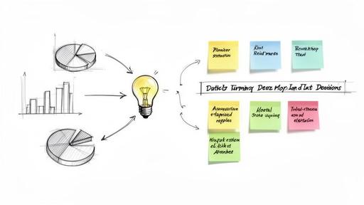 Diagram showing data charts leading to a glowing lightbulb and sticky notes for business decisions.