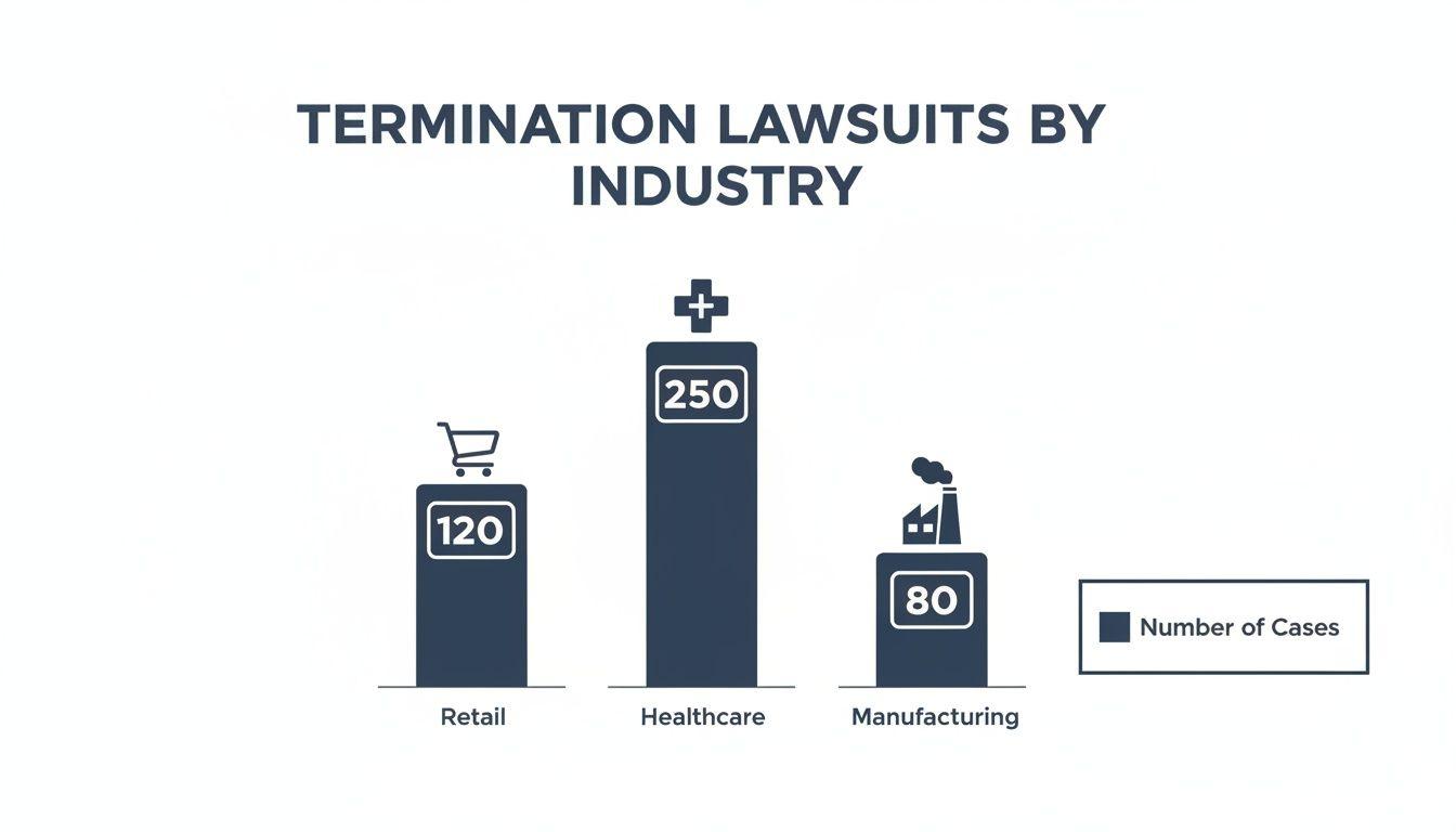 Bar chart illustrating termination lawsuits by industry: Retail (120), Healthcare (250), and Manufacturing (80).