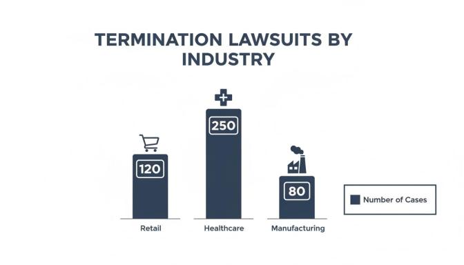 Bar chart illustrating termination lawsuits by industry: Retail (120), Healthcare (250), and Manufacturing (80).