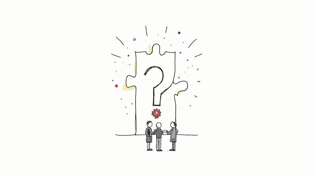 Three people collaborate under a large puzzle piece with a question mark and radiating ideas.