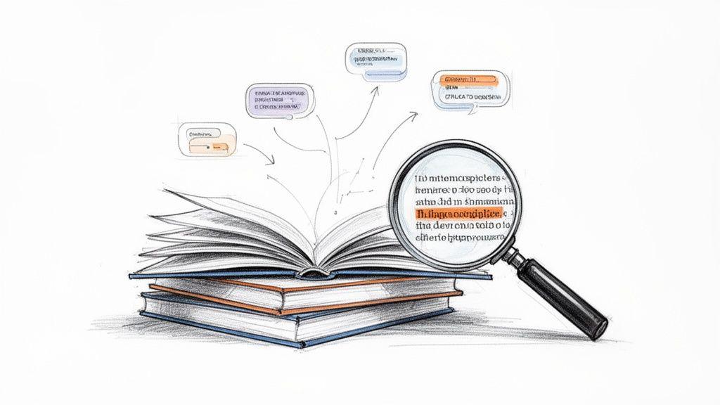 Sketch of books with an open one, a magnifying glass, and thought bubbles representing research.