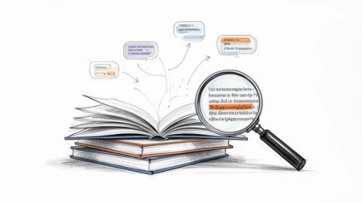 Sketch of books with an open one, a magnifying glass, and thought bubbles representing research.