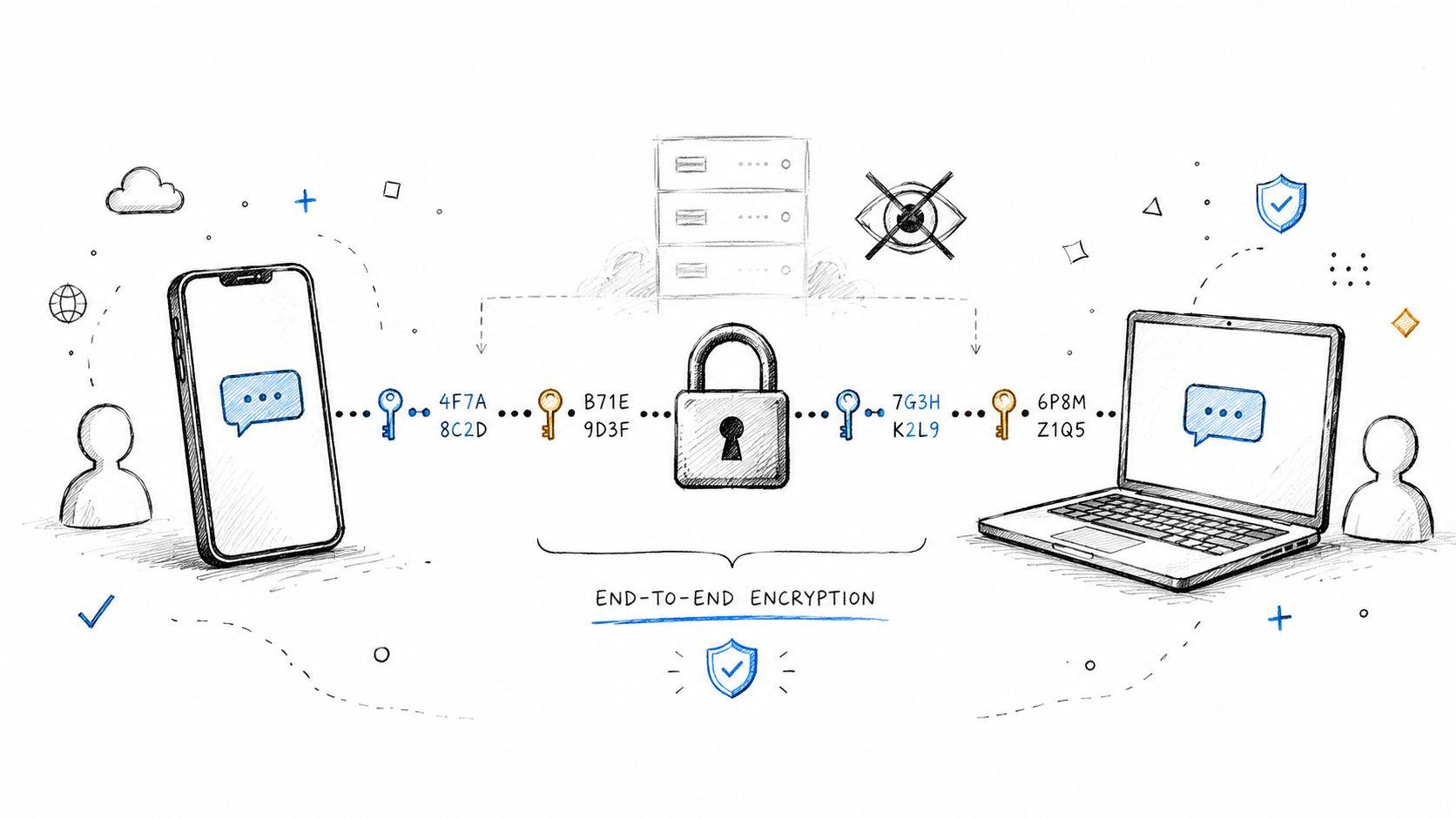A hand-drawn illustration showing the concept of end-to-end encryption between a smartphone and a laptop.