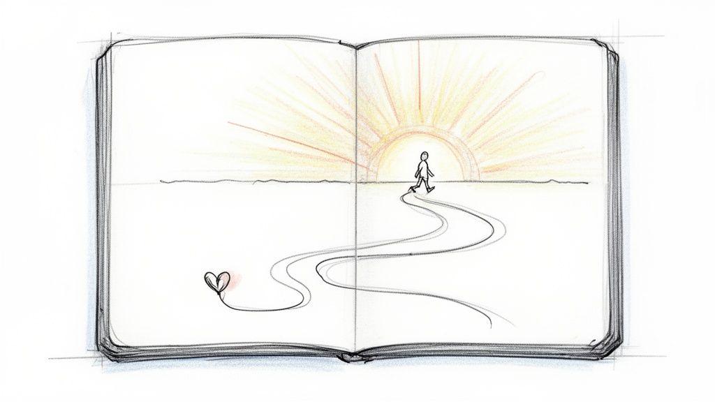 Hand-drawn sketch in an open book showing a person walking a path towards a bright sunrise, with a heart.