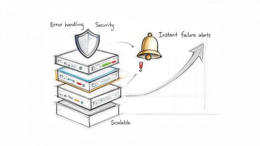 A sketch of a server stack illustrating security, error handling, scalability, and instant failure alerts.