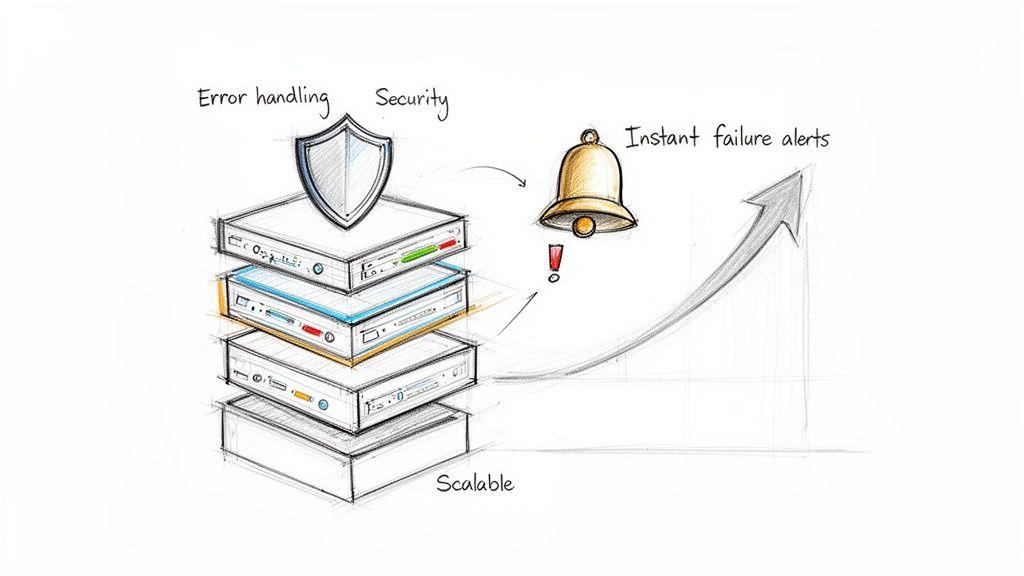 A sketch of a server stack illustrating security, error handling, scalability, and instant failure alerts.