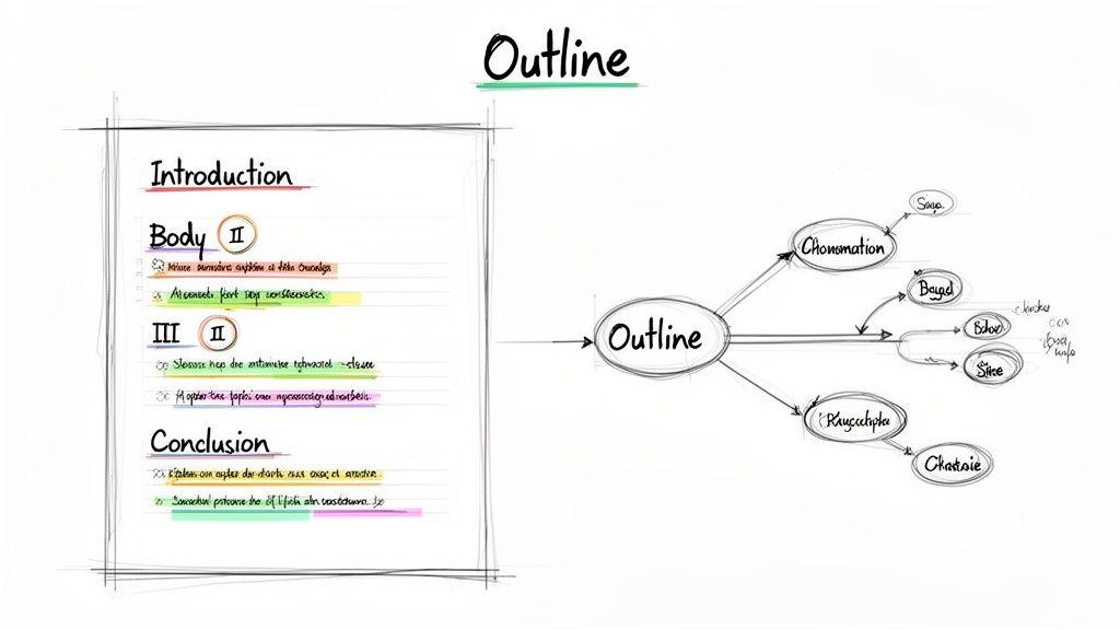 A visual representation of an outline with sections like introduction, body, and conclusion, next to a concept mind map.