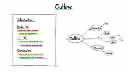A visual representation of an outline with sections like introduction, body, and conclusion, next to a concept mind map.
