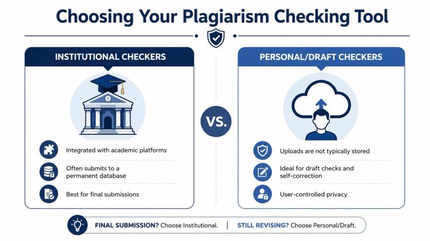A comparative infographic showing the differences between institutional and personal plagiarism checking tools for academic writing.
