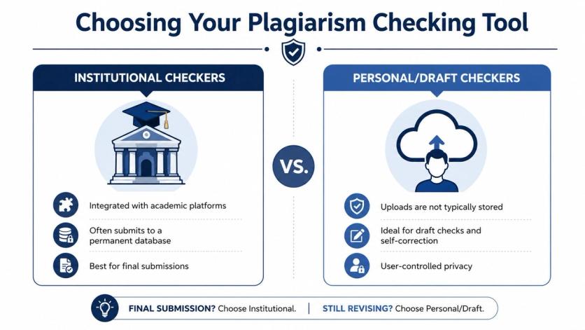 A comparative infographic showing the differences between institutional and personal plagiarism checking tools for academic writing.