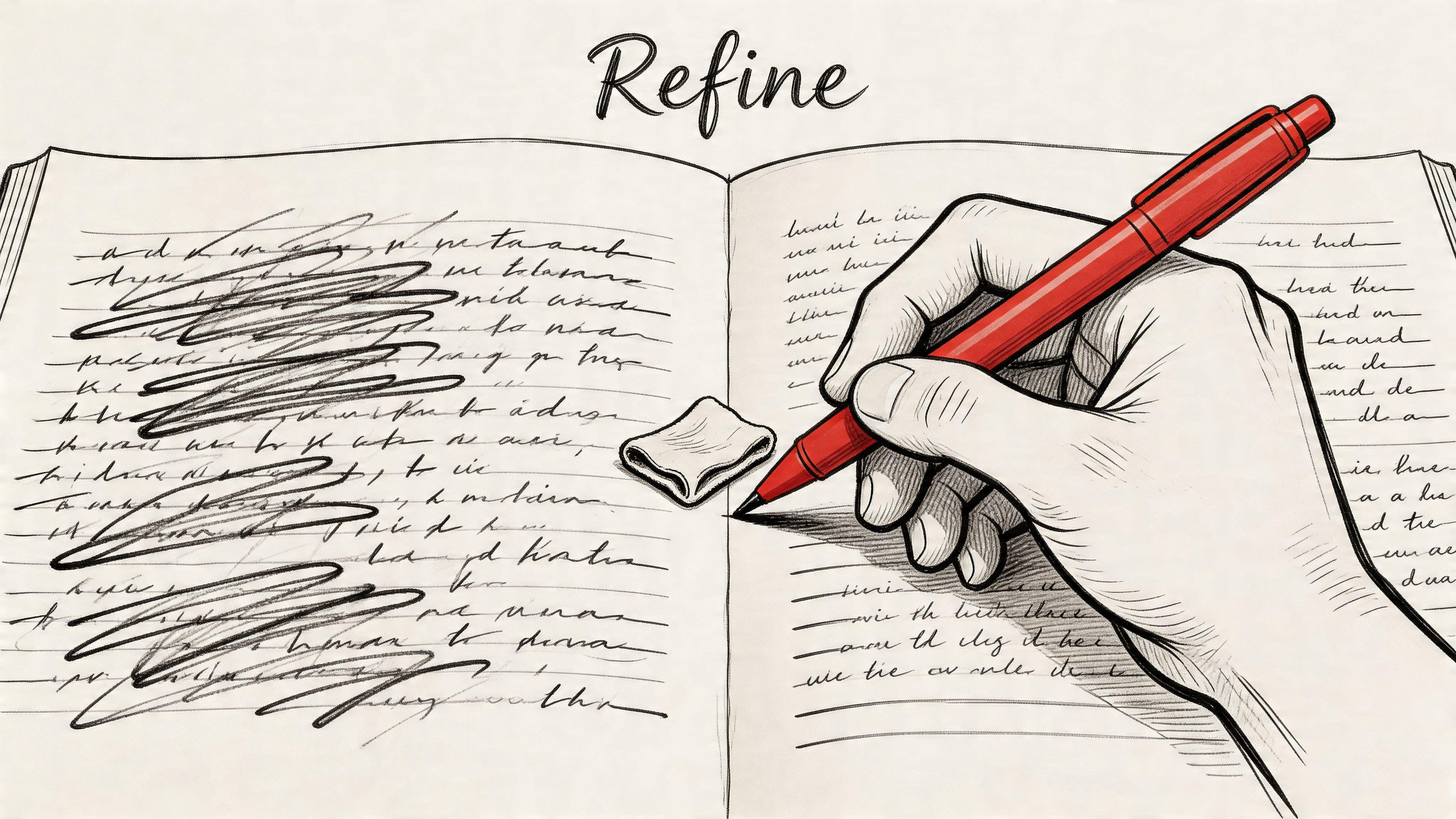 A hand holding a red pen drawing over and editing handwritten text in an open journal.