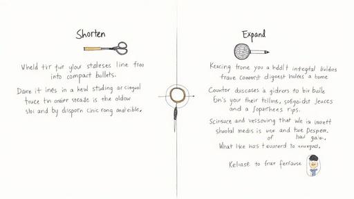 Two columns showing 'Shorten' with scissors and 'Expand' with a magnifying glass, both with handwritten text.