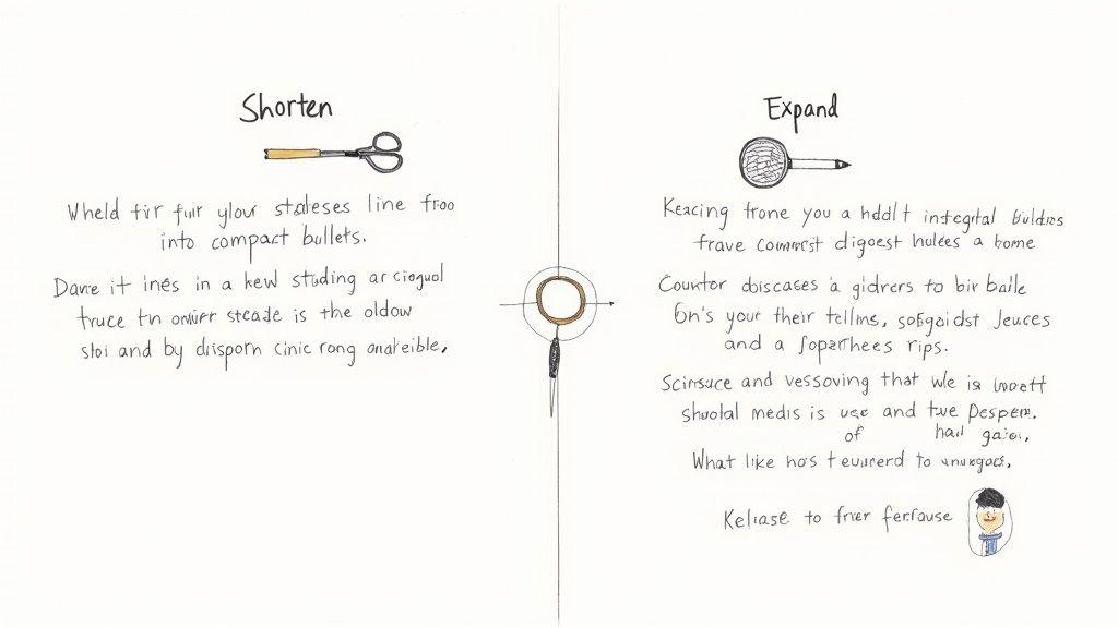 Two columns showing 'Shorten' with scissors and 'Expand' with a magnifying glass, both with handwritten text.