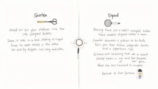 Two columns showing 'Shorten' with scissors and 'Expand' with a magnifying glass, both with handwritten text.
