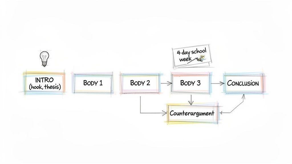 A flowchart illustrates the structure of an argumentative essay: Intro, Body 1, Body 2, Body 3, Counterargument, and Conclusion.