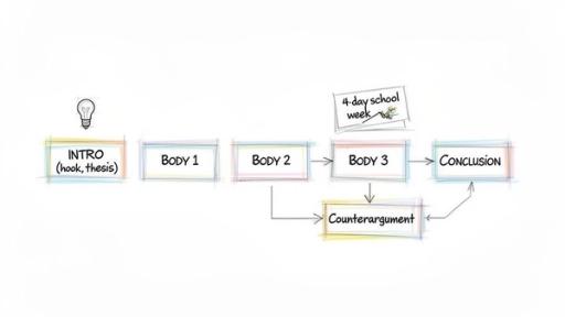 A flowchart illustrates the structure of an argumentative essay: Intro, Body 1, Body 2, Body 3, Counterargument, and Conclusion.