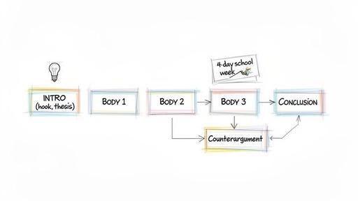 A flowchart illustrates the structure of an argumentative essay: Intro, Body 1, Body 2, Body 3, Counterargument, and Conclusion.