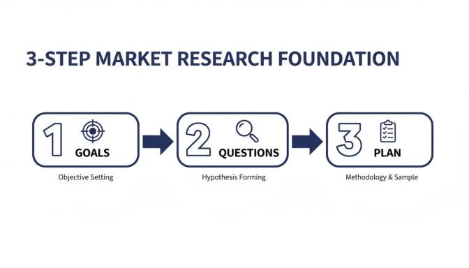 A 3-step market research foundation guide outlining goals, questions, and plan with relevant icons.