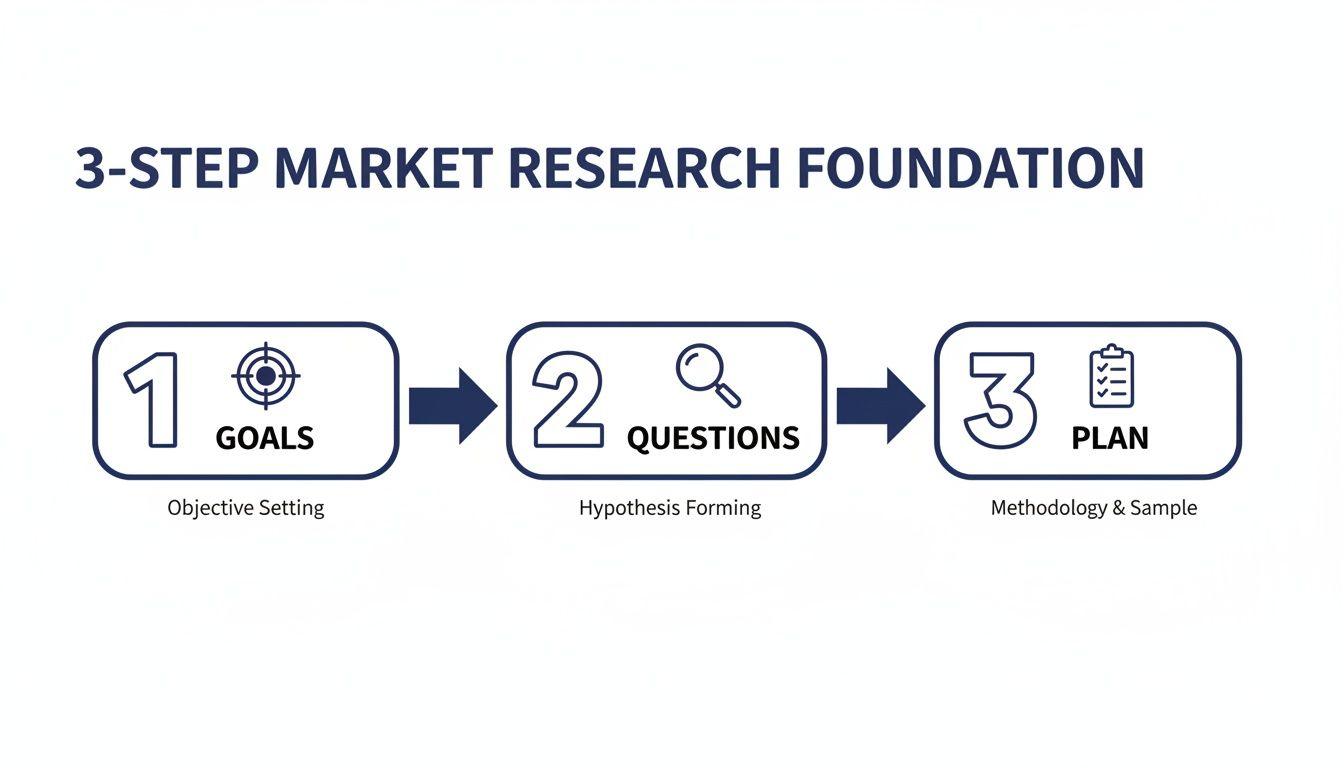 A 3-step market research foundation guide outlining goals, questions, and plan with relevant icons.