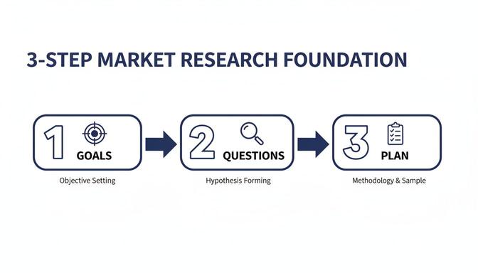 A 3-step market research foundation guide outlining goals, questions, and plan with relevant icons.
