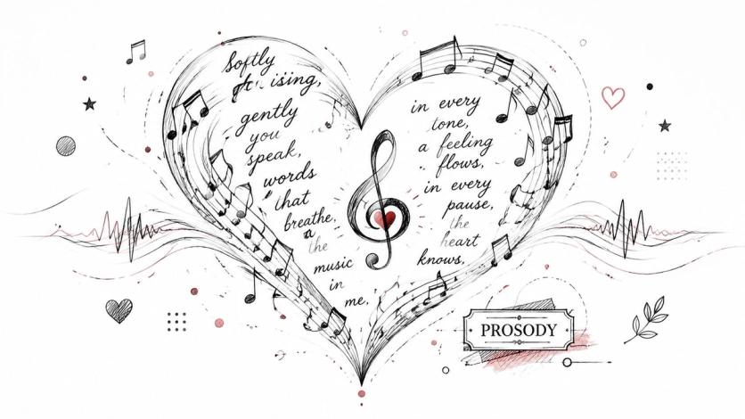 A hand-drawn heart shape formed by musical staves and notes surrounding poetic lyrics about music and love.