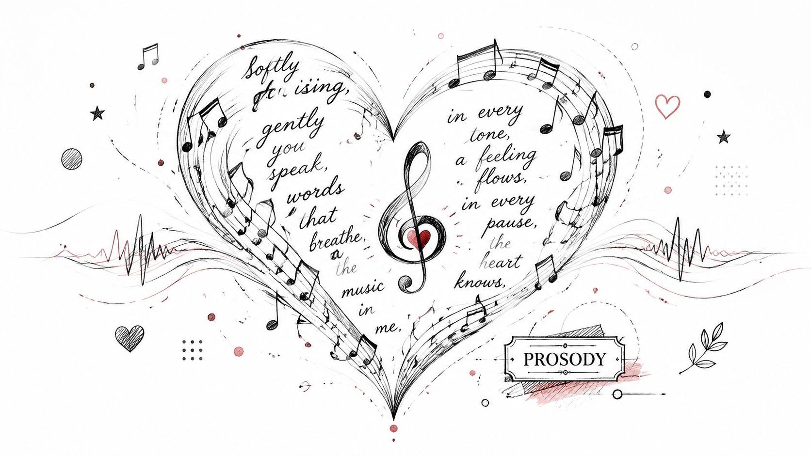 A hand-drawn heart shape formed by musical staves and notes surrounding poetic lyrics about music and love.