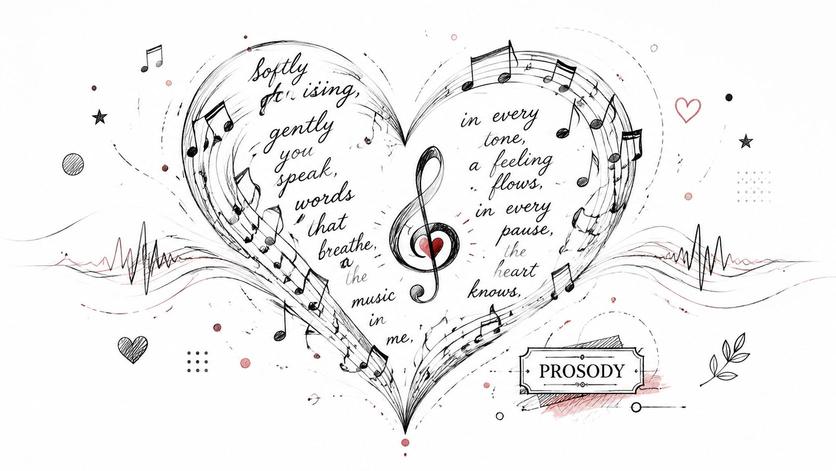 A hand-drawn heart shape formed by musical staves and notes surrounding poetic lyrics about music and love.