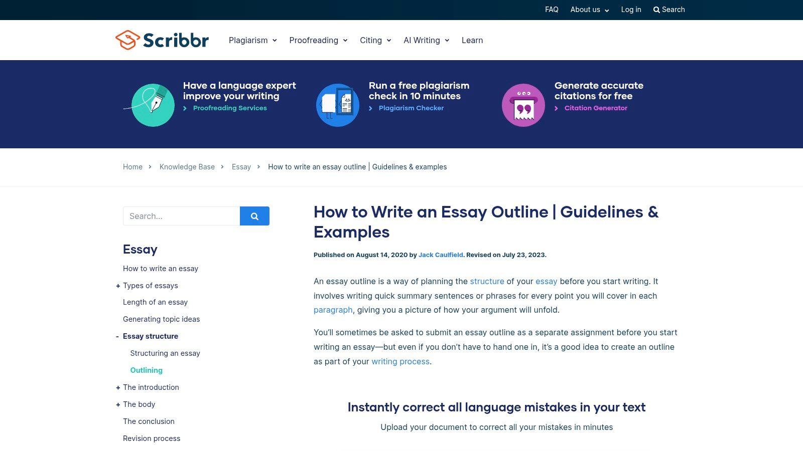 An expository essay outline template from Scribbr showing a clear, hierarchical structure with notes on what to include in each section.